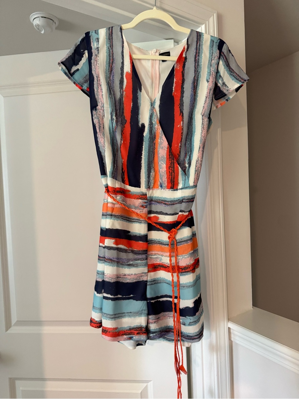 Coco + Carmen Striped Wrap Romper in Navy, Coral, Aqua & White